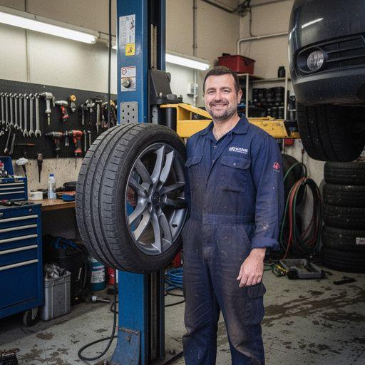 Mechanik v servise mení zimné pneumatiky na letné na osobnom aute.